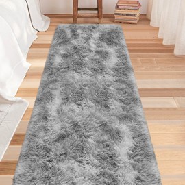 JiaoBaba Super Soft Fluffy Living Room Area Rug 2x8 ft Tie-Dyed Light Grey Shaggy Furry Carpet Washable Non-Slip Floor Rugs Bedroom Bedside Nursery Rug Fuzzy Boys Girls Dorm Home Decor Aesthetic