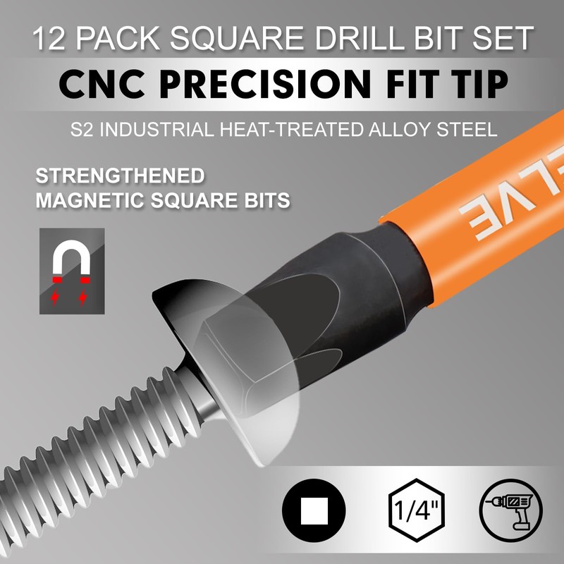 12-Pack Square Drive Bits- PREMIUM S2 Alloy Steel Square Bit