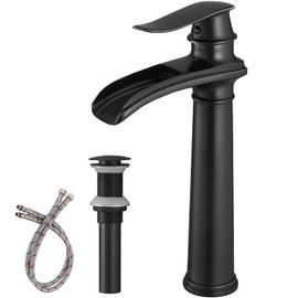 BWE Vessel Sink Faucet Waterfall Matte Black Bathroom Faucets Single Hole Single Handle Bathroom Sink Faucet Tall Vessel Faucet with Pop Up Drain and Water Supply Line