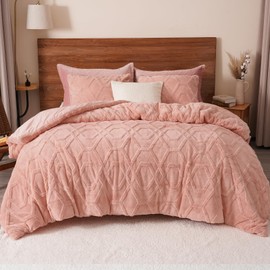 PHF Warm Sherpa Fleece King Comforter Set, 3D Tufted Fluffy Pink Bedding for Winter, Soft 2 Pieces Shaggy Bed Set, 1 Comforter (104"x90") and 2 Pillowcases (20"x36")