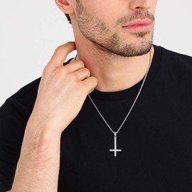 Nofade Silver Inverted Cross Necklace for Women Men, S925 Sterling Silver Upside Down Cross Pendant with Chain 18'' Religious Jewelry