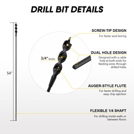 HUAALIUCHE 54-Inch Flexible Installer Drill Bit for Pulling Wires, 3/4" Auger with Screw Point & Fish Eye, 1/4" Anti-Slip Shank - Includes Protective Storage Tube for Walls Ceilings Conduits