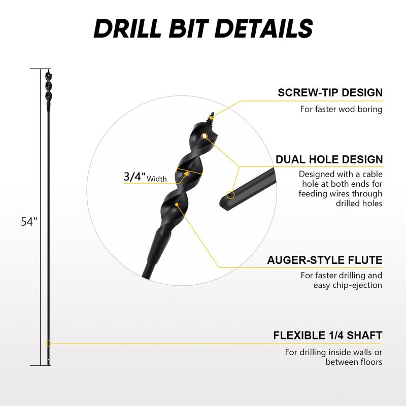HUAALIUCHE 54-Inch Flexible Installer Drill Bit for Pulling Wires, 3/4"