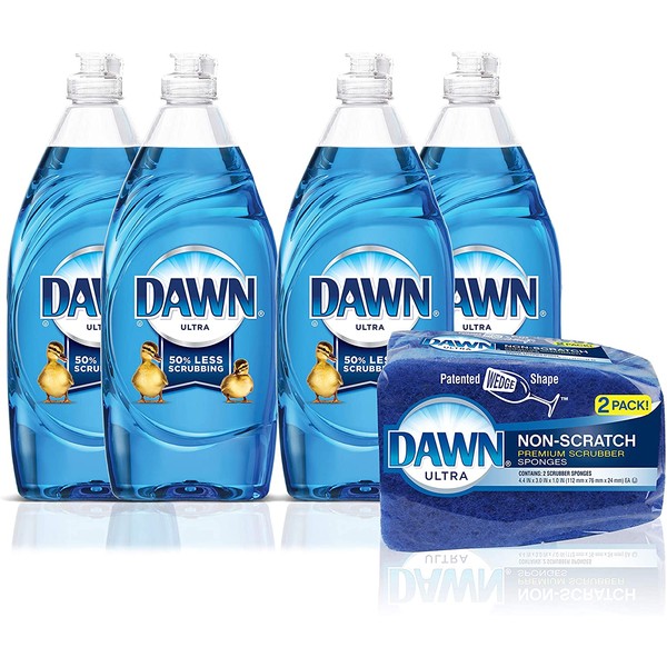 Dawn Ultra Dishwashing Liquid Dish Soap (4x19oz) + Non-Scratch Sponge (2 Count), Original Scent