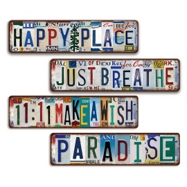 4 Happy Place Paradise Flat Metal Sign 2D Printing Relaxing Typography Wall Decor for Patio Cabin Cottage Home HangingColor: E951(4PCS), Size: 10*40cm