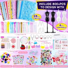 800+PCS Fashion Designer Kits for Girls, Doll Clothes Making Kit with 4 Mannequins, Creativity DIY Arts & Crafts Toys for Kids, Sewing Kit for Girls Aged 6-12+ Birthday Gifts