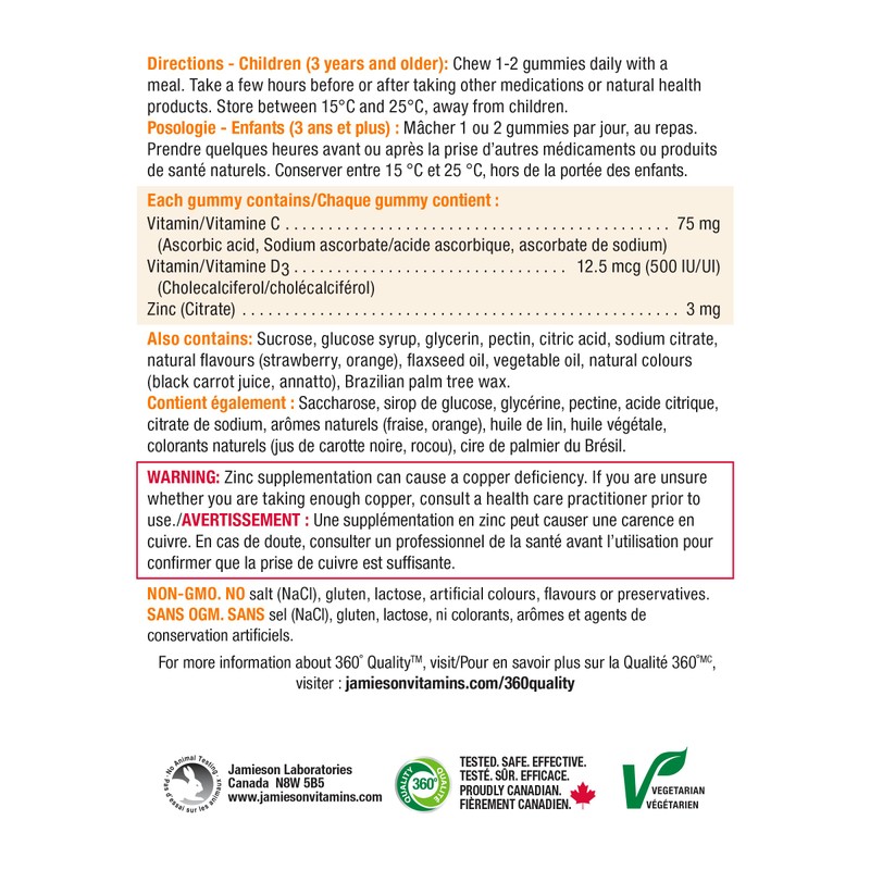 Jamieson Kids Vitamin C + D3 with Zinc Gummies 90