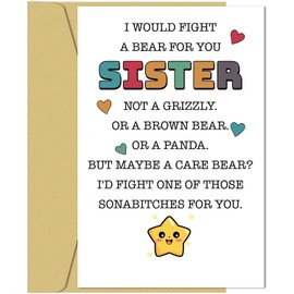 TRAMIN Funny Birthday Card for Sister, Sis Bday Greeting Card, Humorous Sister Birthday Card, I Would Fight A Bear for You Card
