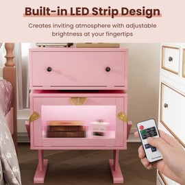 RoyalCraft Nightstands Set of 2 with LED Light Strips, Pink End Table with 360° Rotating Drawer, Modern Bedside Table with Glass Door Storage, Wood Night Stand Cabinet for Bedroom, Home Office, Pink