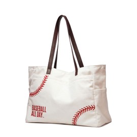 YHSHYZH Oversize Baseball Mom Tote Bag Embroidery Baseball seams Prints Purse Utility Shoulder HandBag Cotton Canvas Sports Travel Stuff Beach Bags Gifts for Women Men Kids(X-large white) …
