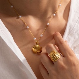 Chunky Shell Shaped Titanium Ring for Women Men 18k Gold Plated Stainless Steel Open Thumb Fashion Finger Wedding Statement Band Dainty Beach Accessories Jewelry Comfort Fit Christmas Mother’s Day