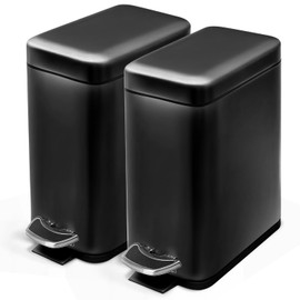 Home Zone Living 2-Pack 1.3 Gallon Small Black Bathroom Trash Can with Lid and Step Pedal, Stainless Steel Wastebasket with Slim Design for Home and Office, 5 Liters