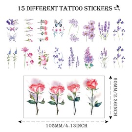 VIKSAUN 15 Sheets Temporary Tattoo Stickers Flower Skin Stickers Watercolour Lavender Temporary Tattoos Hand Neck Temporary Tattoos for Sticking on the Skin Sticker Waterproof (15 Sheets)