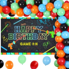 Laser Tag Birthday Party Decorations, 65PCS Green Blue Red Balloons Neon Glow Happy Birthday Banner Table Photography Background for Laser Theme Birthday Party Supplies
