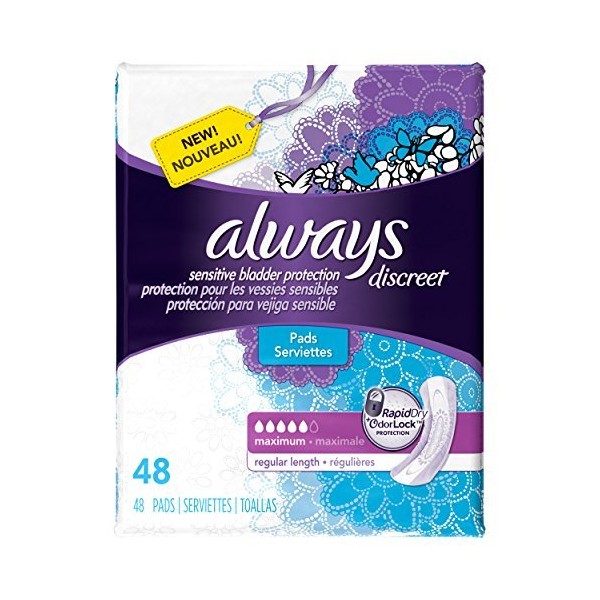 Discreet, Incontinence Pads, Maximum, Regular Length, 48 Count by Always