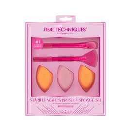 Real Techniques Limited Edition Starlite Nights Brush + Sponge Kit, Makeup Brush & Makeup Blending Sponge Set, For Concealer, Foundation, & Powder, For Matte or Dewy Skin, 5 Piece Gift Set