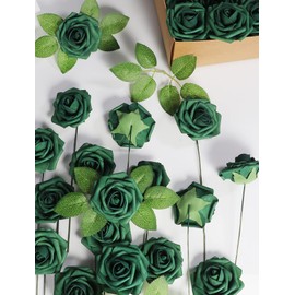 Jdsour 50pcs Artificial Flower，Real Touch Foam Roses w/Stem DIY for Wedding Bouquet Centerpieces Party Shower Home Decor-Green boxpack
