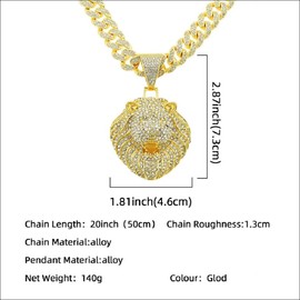 Roaring Lion Pendant for Men Hip Hop Lion Head Cuban Necklace, Sparkly Lion Head Cuban Link Chain Iced Out Lion Cuban Chain Necklace Men’s Gold Stylish Lion Animal Jewelry Cool Lion Cuban Necklace