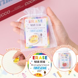 ANGOLIO 48Pack Mini Erasers for Classroom Rewards - Cute Cartoon Pencil Top Erasers Bulk for School, Party Favors, Student Gifts with Gift Cards Organza Bags, Back to School Supplies, Kindergarten