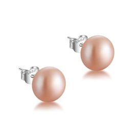JaruJaru Large Freshwater Button Pearl Stud Earrings-8mm Champagne, S925 Sterling Silver, Near-round Flatback, Hypoallergenic Minimalist Earrings for Sensitive Ears, Comfort Sleep Earrings