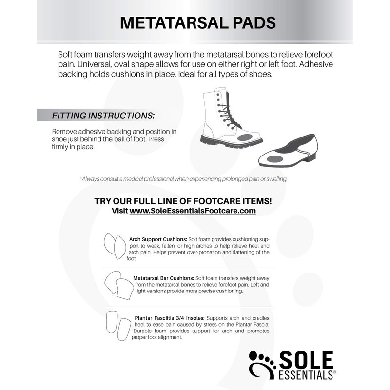 Sole Essentials unisex adult Metatarsal Pads, Provides Support & Cushioning,
