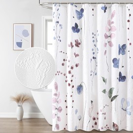QIYI Watercolor Wildflowers Shower Curtain, Minimalist Floral Cloth Bath Curtain, 3D Embossed Butterflies Botanical Plants Flower Bathroom Decor, Waterproof Fabric Shower Curtain Set with Hooks, 72x72