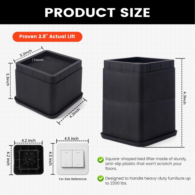 BTSD-home Adjustable Bed Risers 3 or 6 Inch - Heavy