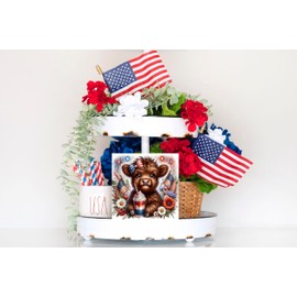 Wood Mini Sign, Cute 4th of July Highland Cow Wall Art Wood Kitchen Sign, Tier Tray Decor Sign