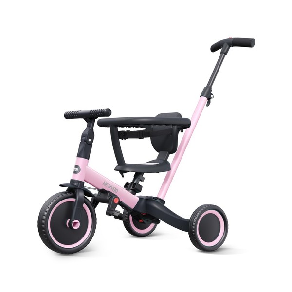newyoo 5 in 1 Tricycles for 1-3 Year Olds, Baby Balance Bike, Christmas & Birthday Gift for Boy & Girl, Toddler Bike with Parent Push Handle, Safety Guard, Backrest & Safety Belt, Pink, TR008