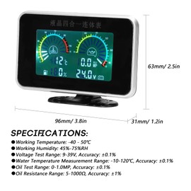 Shkalacar Oil/Volt/Water/Fuel Gauge Kit, 4-in-1 LCD Meter Digital Auto Gauge Oil Pressure Voltage Water Temperature Gauge Universal Instrument 9-36V for Car Truck SUV RV