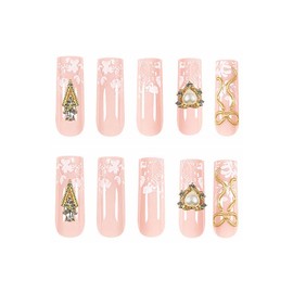 MISUD Press on Nails Long Square Fake Nails Glossy Glue on Nails Gold Chrome Bow Acrylic Nail Supplies Squoval Artificial Nail Art Pearl Rhinestone Stick on False Nails with Lace Design DIY 24 pcs