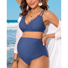 Charmo Maternity Scalloped Trim Bikini Set High Waist 2 Piece Pregnancy Swisuit with Padded Blue L