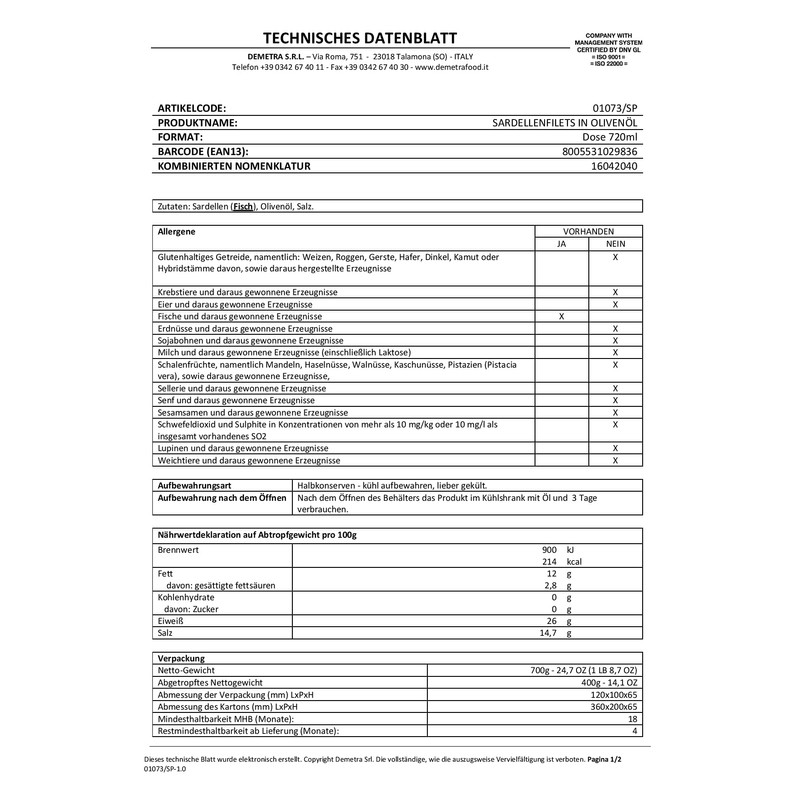 Anchovy fillets 740 gr. - Demetra