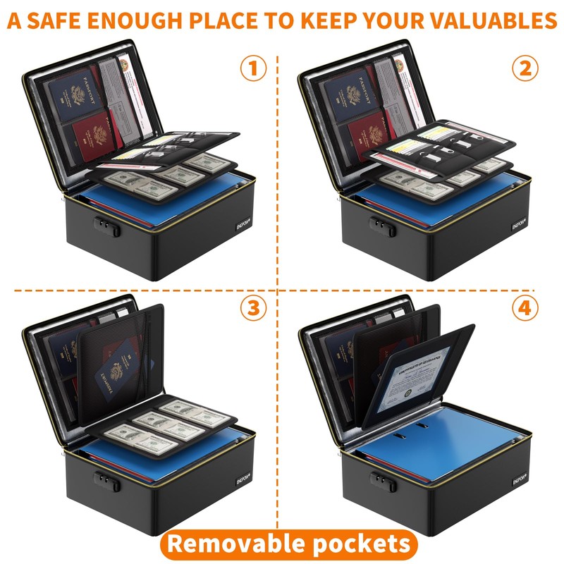 ENGPOW Fireproof Document Box,Hard Fireproof Box with Fireproof Zipper＆Lock,Fireproof Water