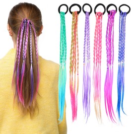 6Pcs Hair Extension Colorful Braided Ponytail Rainbow Braiding Hair with Rubber Bands Hair Accessories Headwear for Girls