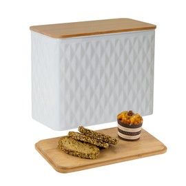 HOME PALETTE Extra Large Bread Box for Kitchen Countertop Corner Breadbox for Homemade Bread Metal White Diamond Pattern Embossed Storage Container Bin with Bamboo Lid Fits 2 Loaves of Bread