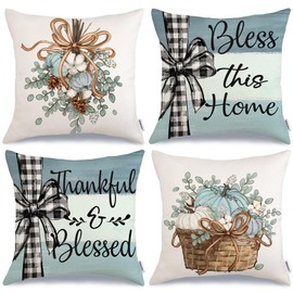 GEEORY Fall Throw Pillow Covers 18x18 Inch Set of 4, Pumpkins Eucalyptus Bless This Home Autumn Seasonal Decorative Farmhouse Decoration for Home (Blue) G554-18