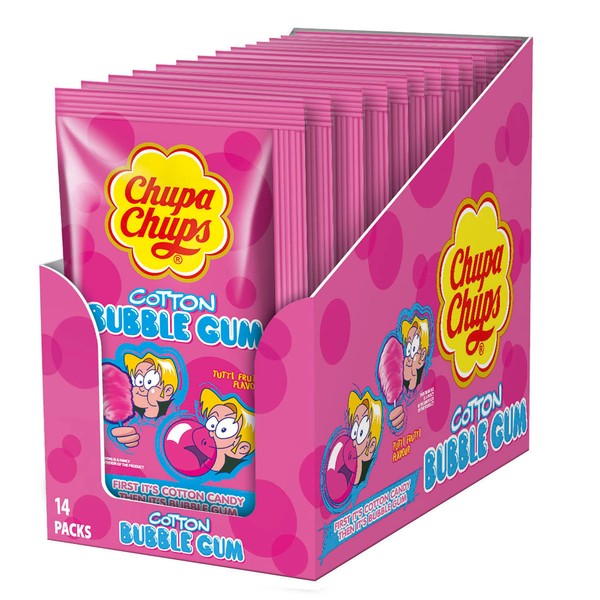 Chupa Chups Cotton Bubble Gum Pink Candy Floss Becomes a Delicious Tutti-Frutti Fruit Flavoured Chewing Gum Storage Pack Christmas 14 x 11g