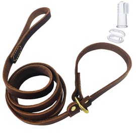 LWBMG 5.6ft Leather Dog Leash, Real Leather Slip Lead Dog Leash, Soft Adjustable Dog Training Leash for Small Medium and Large Dogs Brown