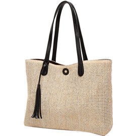 QZUnique Straw Handbags Women's Summer Straw Bucket Tote Bag Hand Woven Handbag Tassel Shoulder Bag Purse Black