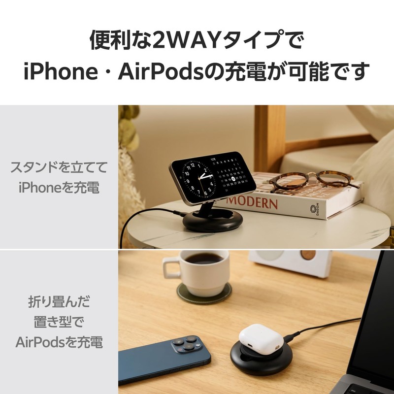 Elecom W-MA08BK Qi2 Charger, Stand, 15W, Type-C Input, Foldable, Black