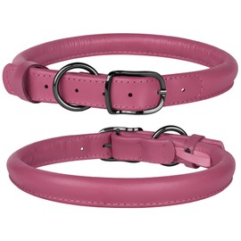 BUDKAS Rolled Leather Dog Collar for Small Medium Large Dogs Puppy Durable Adjustable Soft Round Rope Pet Collars (17"-21" Neck Fit, Pink)