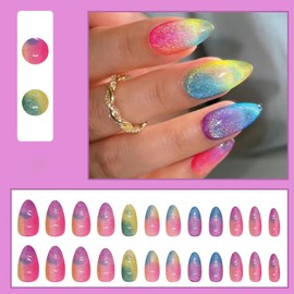 AkiliBIELY Press on Nails Medium Blue Ombre Purple Pink Iridescent Cute Fantasy Fake Nails Women Glue on Nails Acrylic Gel Stick on Nails Classy Pretty False Nails Wedding Birthday