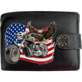 Biker Motorcycle Chopper American USA Flag Flying Bald Eagle Motorbike Mens Wallet Gift Box KLASSEK Brand Real Black Leather RFID Blocking with Coin Pocket