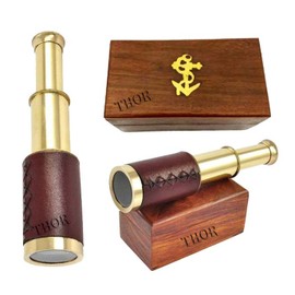 Antique Marine 6" Brass Handheld Telescope Pirate Nautical with Anchor Wooden Box Rustic Vintage Home Decor Gifts