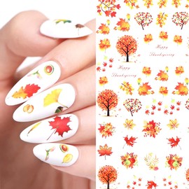12 Sheets Fall Nail Art Stickers Thanksgiving Nail Decals Water Transfer Foils Maple Leaf Pumpkin Turkey Autumn Nail Stickers for Women Girls Kids DIY Fingernail Toenail Decoration Manicure