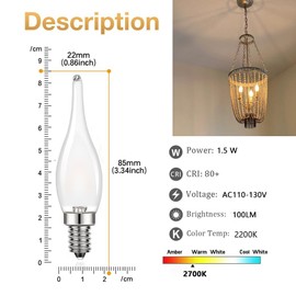 Dimmwat Mini LED Night Light Bulb 15 Watt Equivalent 1.5W E12 Candelabra Bulb Low Wattage Flame Bent Tip for Chandelier Ceiling Fan 2700K Soft White Non-dimmable, Pack of 6