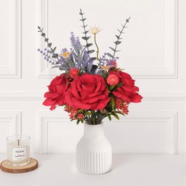 HOPEME Artificial Flowers in Vase, Elegant Dining Table Centrepiece, Silk Red Rose Flower Arrangement, Rustic Farmhouse Faux Flowers for Coffee Table, Floral Centrepiece for Tables, Spring Home Décor