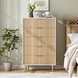 Natural Oak 5 Drawer Dresser for Bedroom, 48" Tall Modern Chest of Drawers with Gold Metal Handles & Anti-Tipping Device, Fluted Wooden Dresser Organizer for Living Room, Hallway, Kids Room