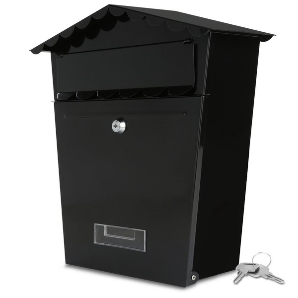 Serenelife Wall Mount Lockable Mailbox - Outdoor Galvanized Metal Key Large Capacity - Commercial Rural Home Decorative & Office Business Parcel Box Packages Drop Slot Secure Lock - SLMAB02 (Black)